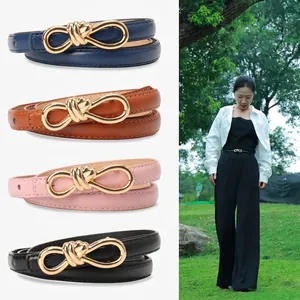 Women Fashion Skinny PU Leather Belt Gold Knot Buckle Thin Waist Strap For Dresses Casual Office Lady Sweet Bow Accessory