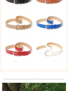Detail view of thin women's leather belts featuring round alloy buckles in six assorted colors