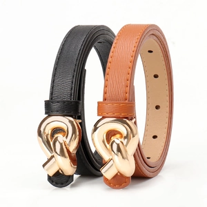 Chic women's thin faux leather belt with golden double ring knot buckle in black and brown