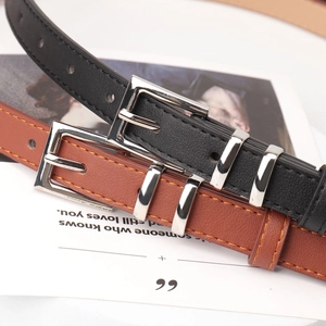 Elegant women's faux leather belt with silver square buckle in black and brown colors
