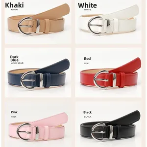 Detailed grid view showing six elegant colors of women's slim faux leather belts with D-buckles