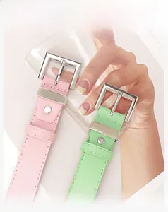 Detailansicht schmaler Ledergürtel in Rosa und Minzgrün mit silberner Metallschnalle