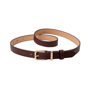 Slim dark brown leather belt for women featuring a polished gold metal pin buckle
