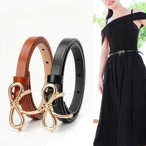 Cintura Sottile in Ecopelle da Donna Con Fibbia a Fiocco in Lega Dorata Cintura Modellante Regolabile per Abiti Gonna Accessorio Dolce