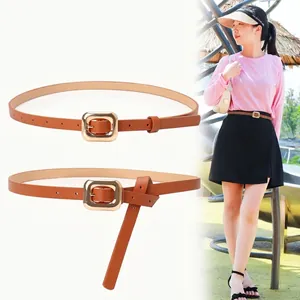 Women's Fashion Thin Faux Leather Belt With Gold Square Pin Buckle Elegant Simple Lychee Pattern Waist Belt For Jeans Accessories