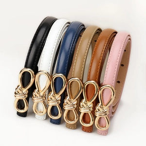 Slim leather belts for women in multiple colors with elegant gold knot metal buckles