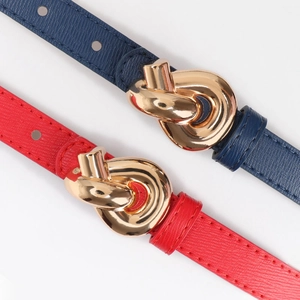 Women's thin cross-pattern belts with golden knot buckles in navy blue and red colors