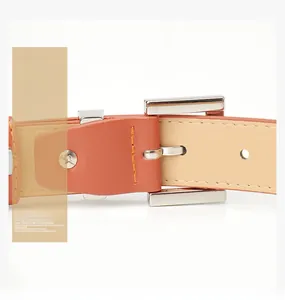 Detail eines orange-braunen Ledergürtels mit polierter Silberschnalle und feiner Naht