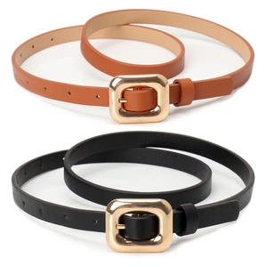 Elegant thin faux leather women belts set in black and brown with gold metal buckles