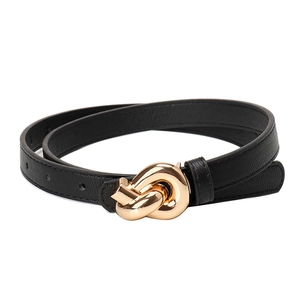 Elegant black leather belt for women featuring a stylish gold knotted metal buckle