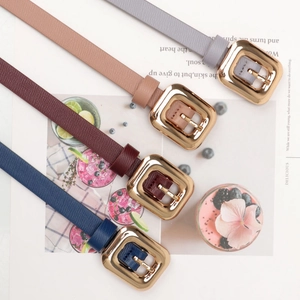 Minimalist slim leather belts for women with polished gold buckles in four elegant colors
