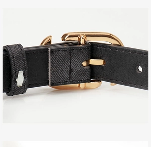 Gros plan détaillé sur une ceinture noire texturée avec une boucle ardillon dorée polie