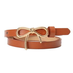 Elegante cintura sottile in pelle color cuoio da donna con fibbia a fiocco in metallo dorato