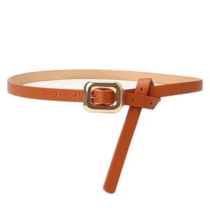 Fashionable brown slim belt with gold square pin buckle and litchi texture for women