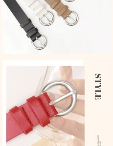 Detail of chic women's skinny belts with silver round buckles in multiple colors