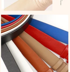 Detail showing various colors of lychee grain leather belts with alloy pin buckles