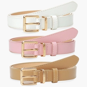 Lot de trois fines ceintures pour femmes en blanc, rose et camel avec boucle dorée