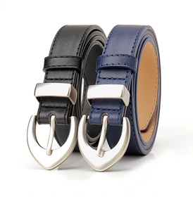 Detail of slim black and navy blue PU leather belts with silver heart-shaped buckles