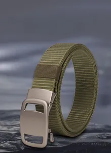 Detail view of the heavy duty nylon webbing and matte alloy automatic buckle