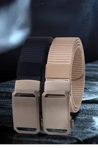 Detailed close-up of thick woven nylon tactical belts in black and khaki with alloy buckles