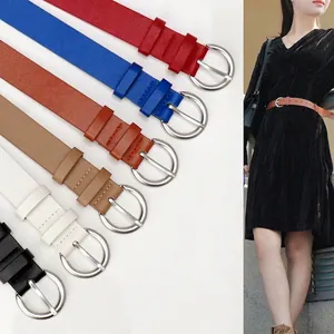 Chic women's thin leather belt with silver D-ring buckle in six versatile colors