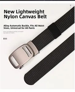Close-up of durable black nylon weave texture and sleek alloy automatic belt buckle
