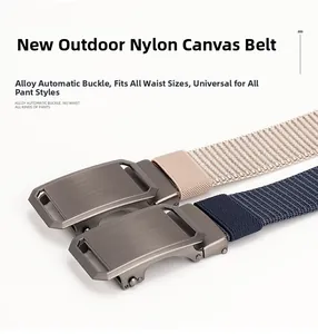 Close-up of durable nylon canvas belts with alloy automatic buckles in khaki and navy