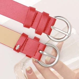 Red chic faux leather skinny belt with classic silver D-ring metal buckle for women