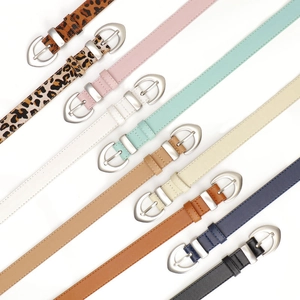 Women's slim PU leather belts in multiple colors and leopard prints with heart metal buckles
