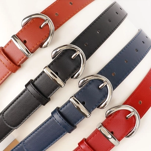 Slim PU leather belts for women in black brown blue and red with silver D-ring buckles