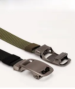 Detail view showing the zinc alloy automatic buckle structure and heavy-duty nylon belt texture