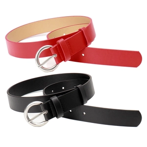 Women's minimalist leather belt set with polished round alloy buckle in black and red