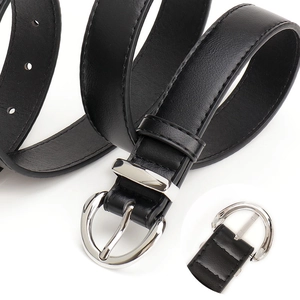 Classic black faux leather belt for women with elegant silver horseshoe buckle on white background