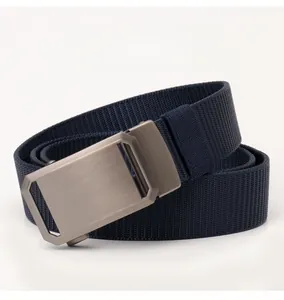 Detailed view of the matte alloy automatic buckle and textured nylon belt strap in navy blue