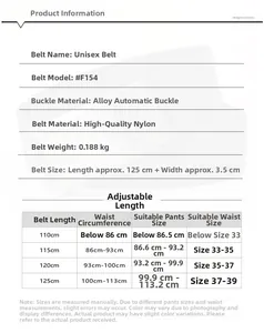 Size chart for heavy duty nylon belt showing dimensions and alloy buckle specifications