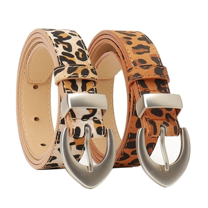 Two women's leopard print PU leather belts with silver matte pin buckles on white background