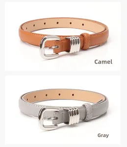 Detailweergave van camel en grijze kunstlederen riemen met zilveren metalen gespen