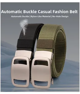 Detail showing brushed metal automatic buckle and woven texture of the nylon tactical belts
