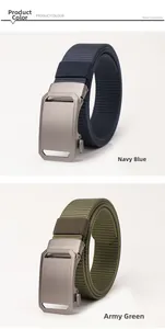 Close-up of navy blue and army green thick nylon tactical belts with alloy automatic buckles