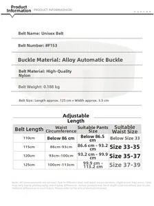 Size chart for tactical nylon belt with alloy buckle and length guide for unisex fit