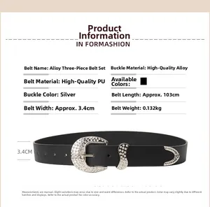 Detail of black PU leather belt featuring rhinestone alloy buckle and vintage metal tip