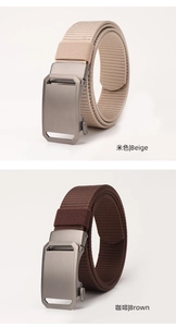 Detail view of thick nylon tactical belts in beige and brown with matte alloy buckles