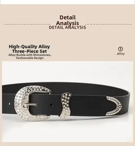 Detailed close-up of a black leather belt with rhinestone-studded alloy buckle set