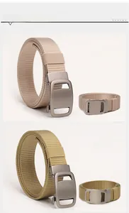 Detail view of thickened nylon tactical belts in beige and khaki with matte metal buckles