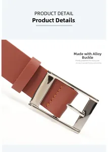 Close-up of brown PU leather belt featuring a polished silver square alloy buckle detail