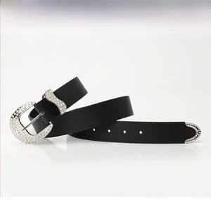 Detail of horseshoe alloy buckle and metal tip set with sparkling white rhinestones