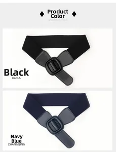 Vue à plat de ceintures élastiques noir et bleu marine avec boucles en cuir