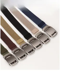 Detail view of durable nylon tactical belts in various colors with matte metal buckles
