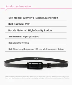 Detailed spec sheet showing a black patent leather belt with a 1.4cm width and 103cm length