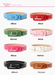 Flat lay of colorful glossy patent leather skinny belts with matching rectangular buckles